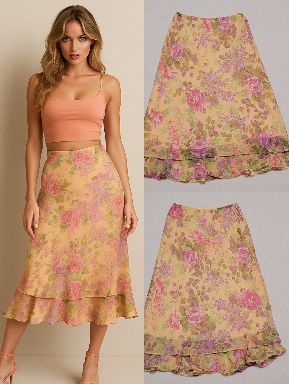 Boho 90s Vintage Peach Purple Floral Cabbage Rose Tiered Ruffle Midi Skirt 12